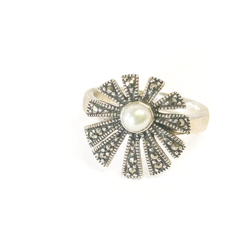 925 Sterling Silver Pearl and Marcasite Ring Size 6 - Frijja, LLC