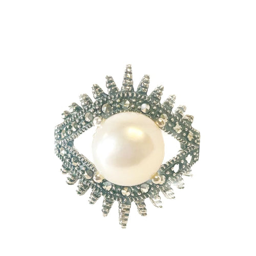 925 Sterling Silver Pearl and Marcasite Ring Size 6 - Frijja, LLC