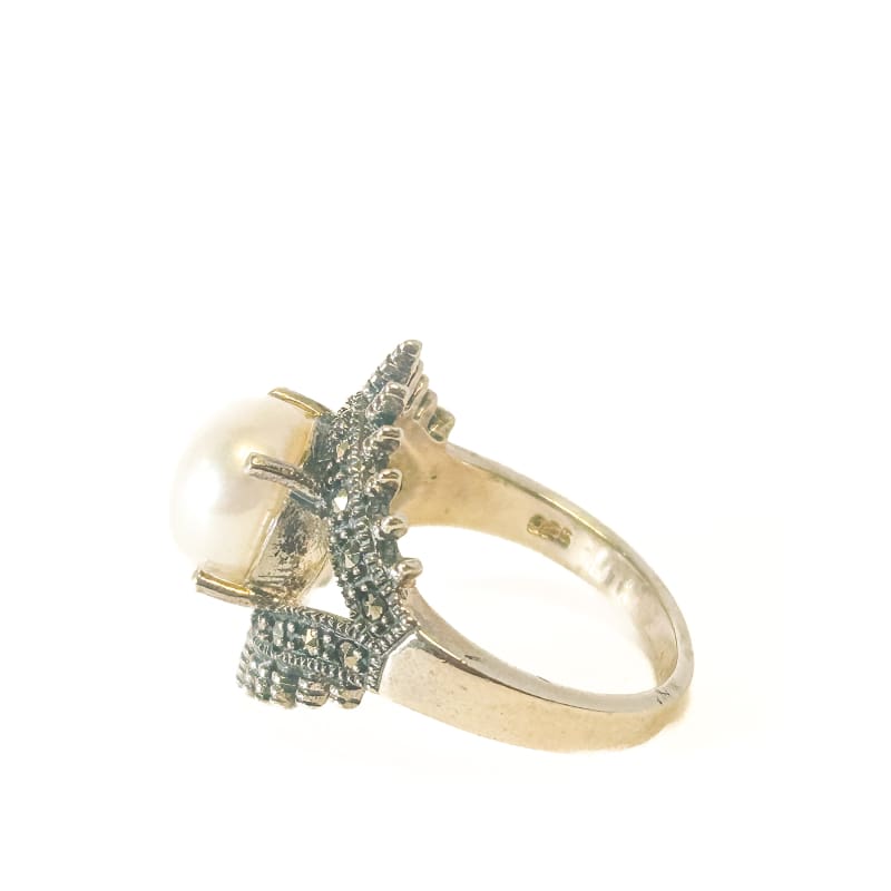 925 Sterling Silver Pearl and Marcasite Ring Size 6 - Frijja, LLC