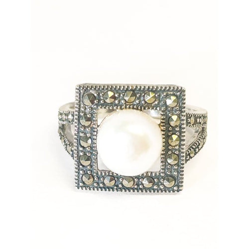 925 Sterling Silver Marcasite and Pearl Ring Size 7 - Frijja, LLC