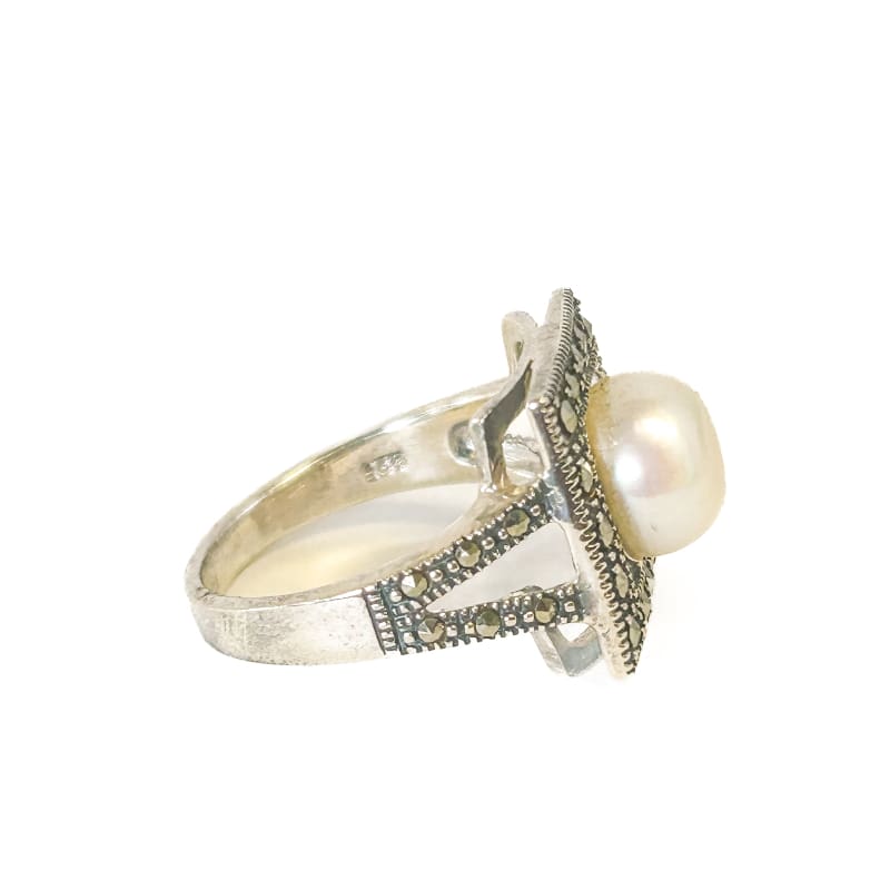 925 Sterling Silver Marcasite and Pearl Ring Size 7 - Frijja, LLC
