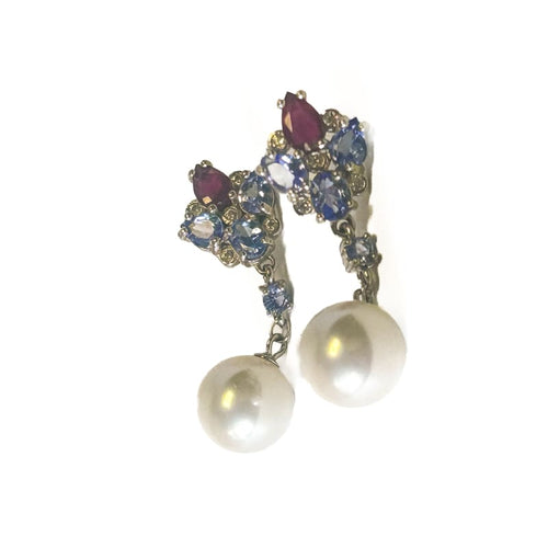 925 Sterling Silver Tanzanite, Ruby, and Pearl Dangle Earrings - Frijja, LLC