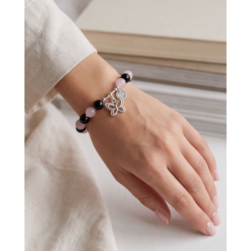 .950 Sterling Silver Rose Quartz Onyx Bracelet - 7.5” - Frijja, LLC