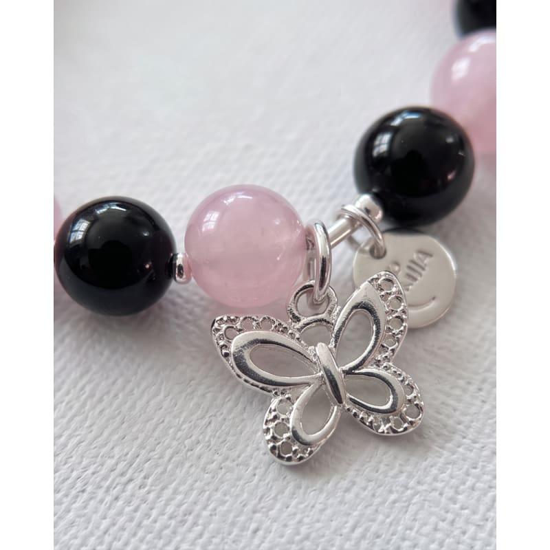 .950 Sterling Silver Rose Quartz Onyx Bracelet - 7.5” - Frijja, LLC