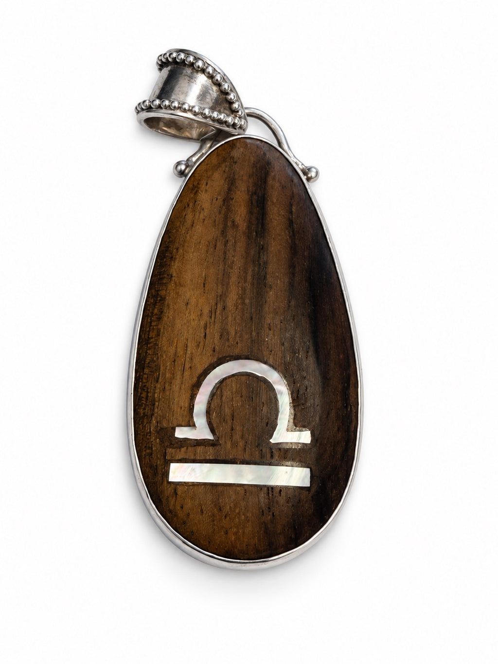 Vintage 925 Sterling Silver Wooden Libra Sign Pendant