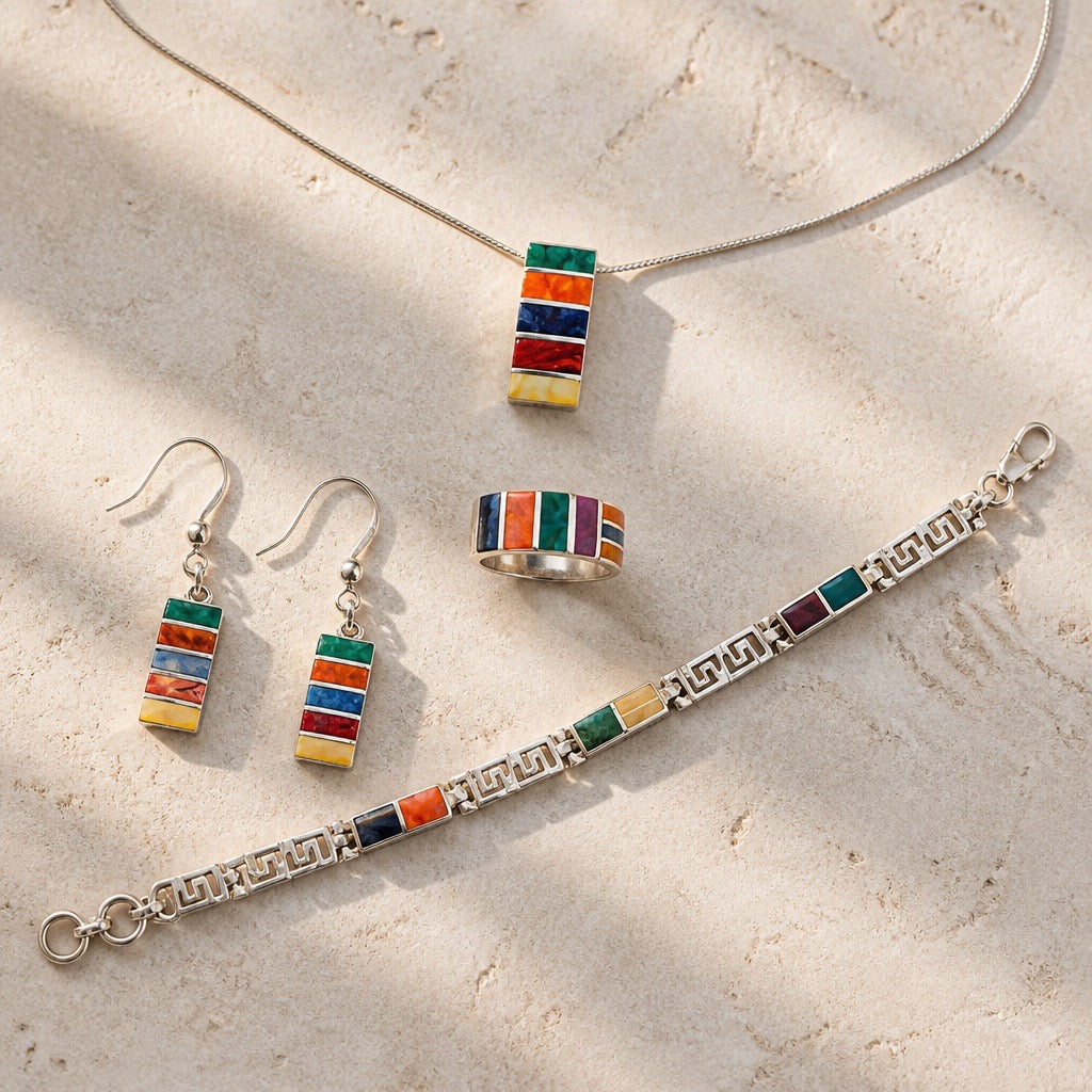 Rainbow Gems Necklace - 950 Sterling Silver Chrysocolla, Spondylus, Lapis Lazuli, Mother of Pearl - Frijja, LLC