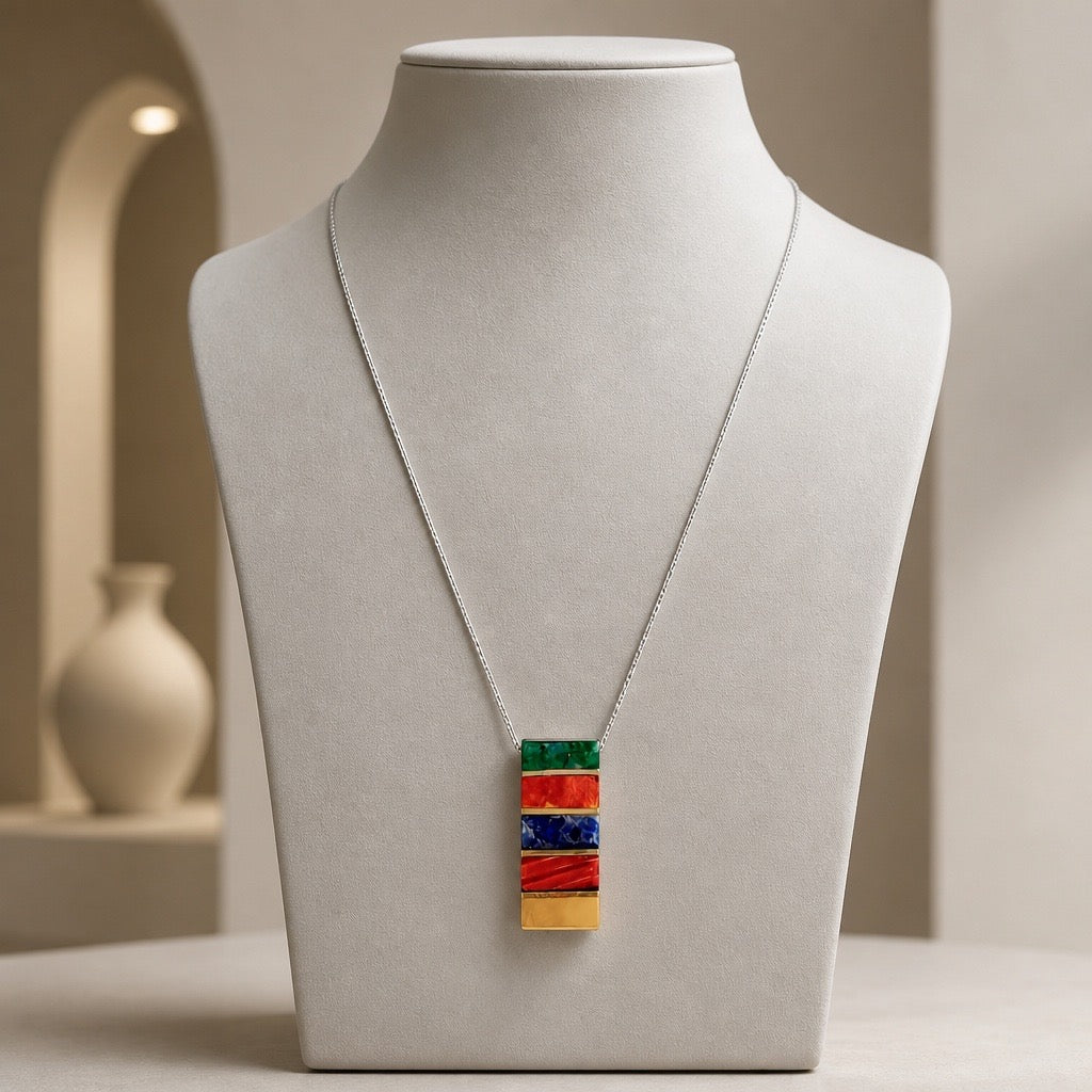 Rainbow Gems Necklace - 950 Sterling Silver Chrysocolla, Spondylus, Lapis Lazuli, Mother of Pearl - Frijja, LLC