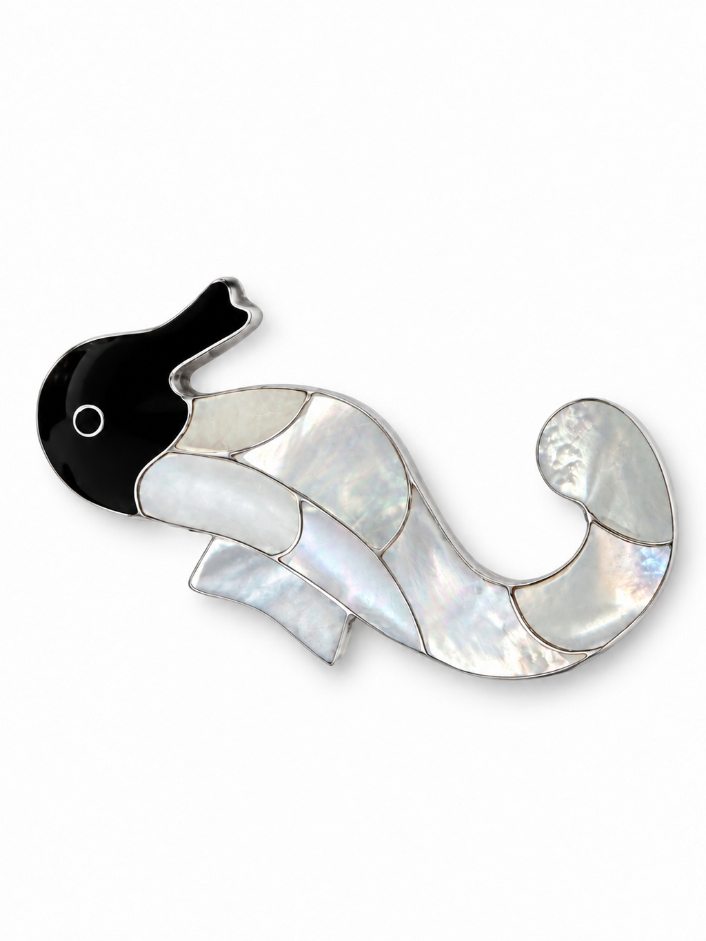 Vintage 925 Sterling Silver Mother of Pearl Onyx Seahorse Pendant