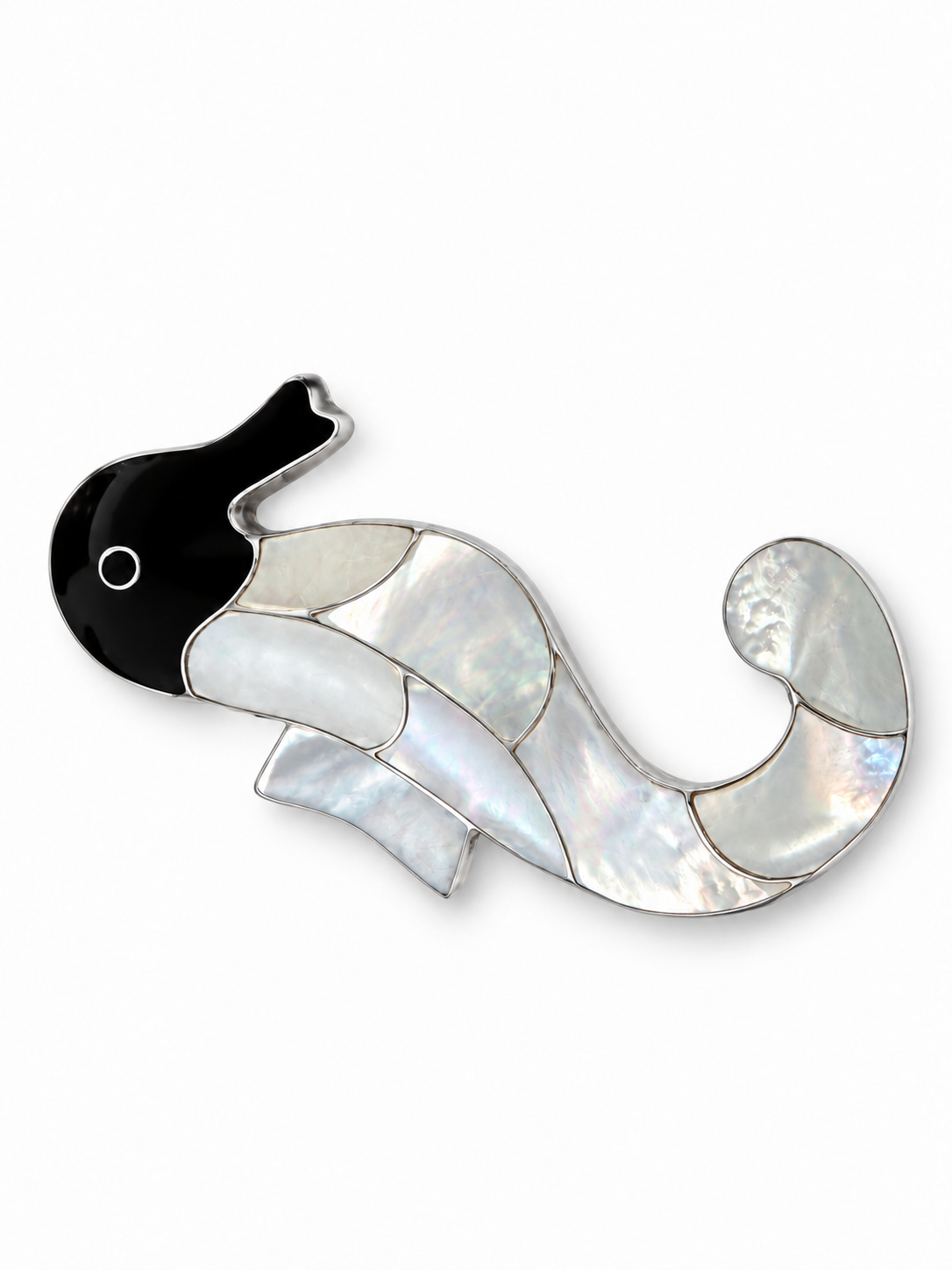 Vintage 925 Sterling Silver Mother of Pearl Onyx Seahorse Pendant