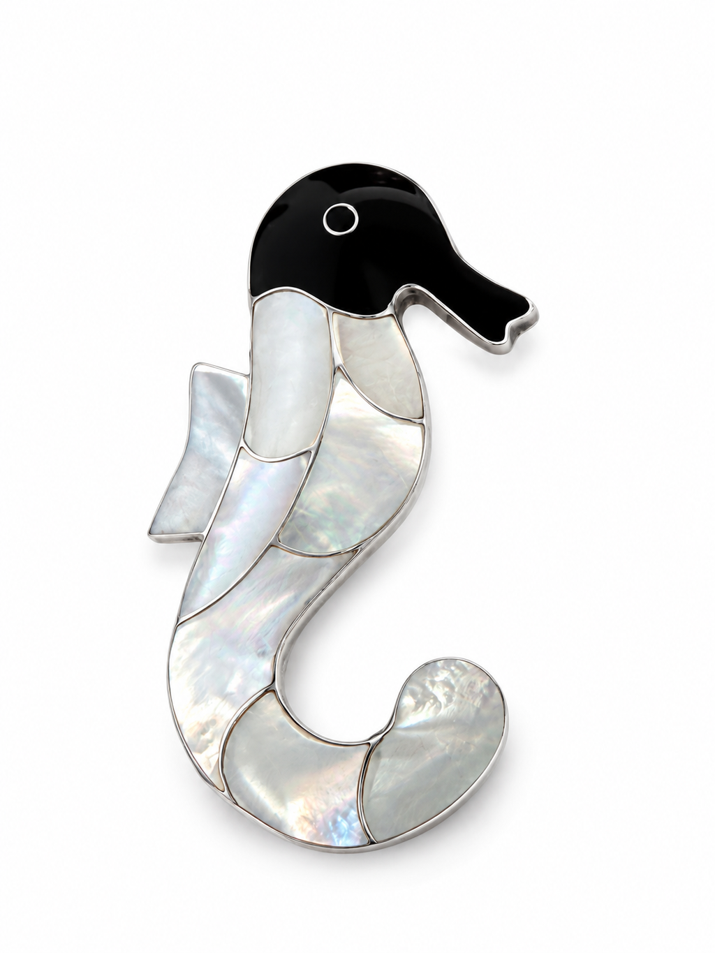 Vintage 925 Sterling Silver Mother of Pearl Onyx Seahorse Pendant
