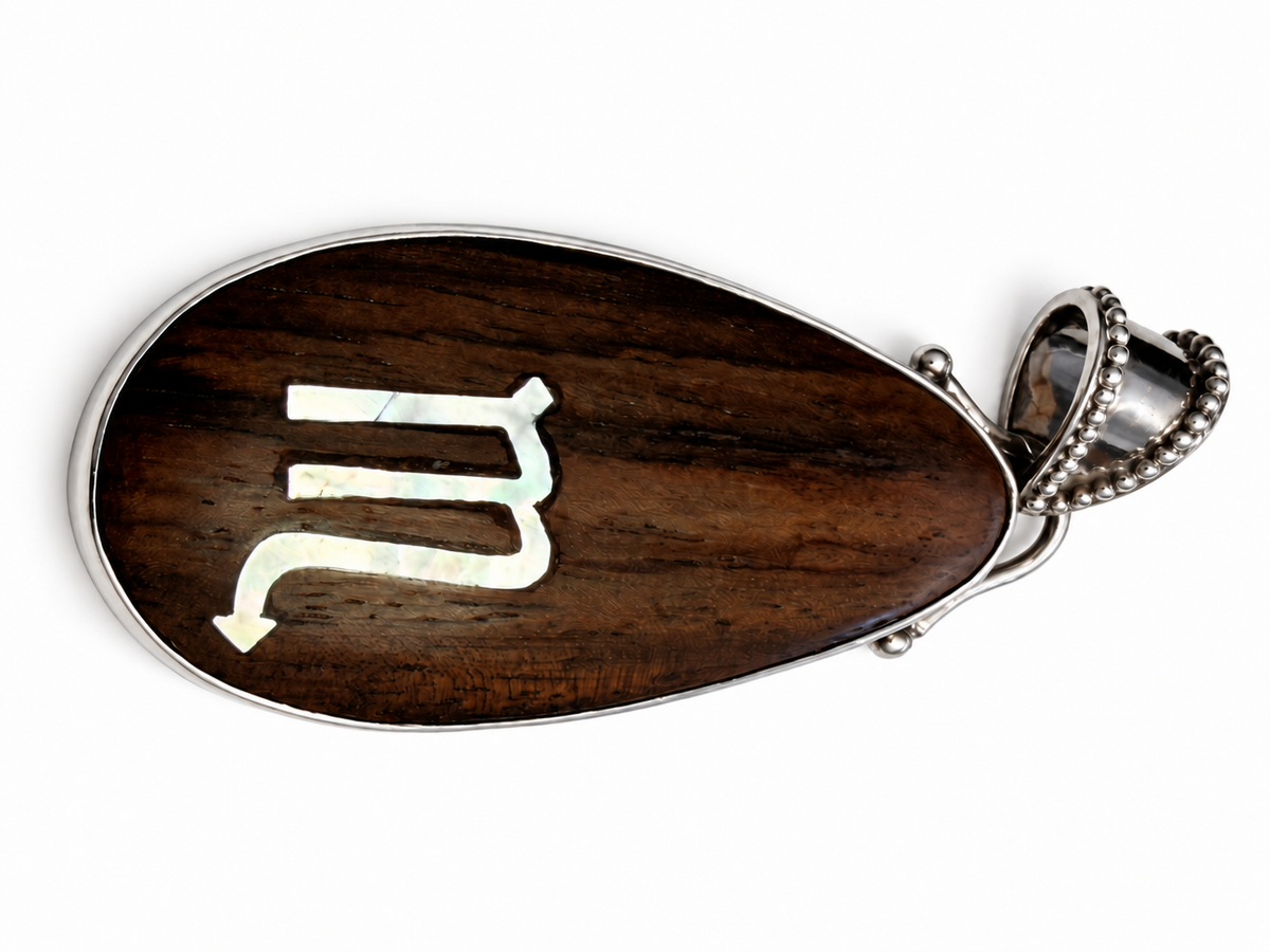 Vintage 925 Sterling Silver Scorpio  Sign Wooden Pendant