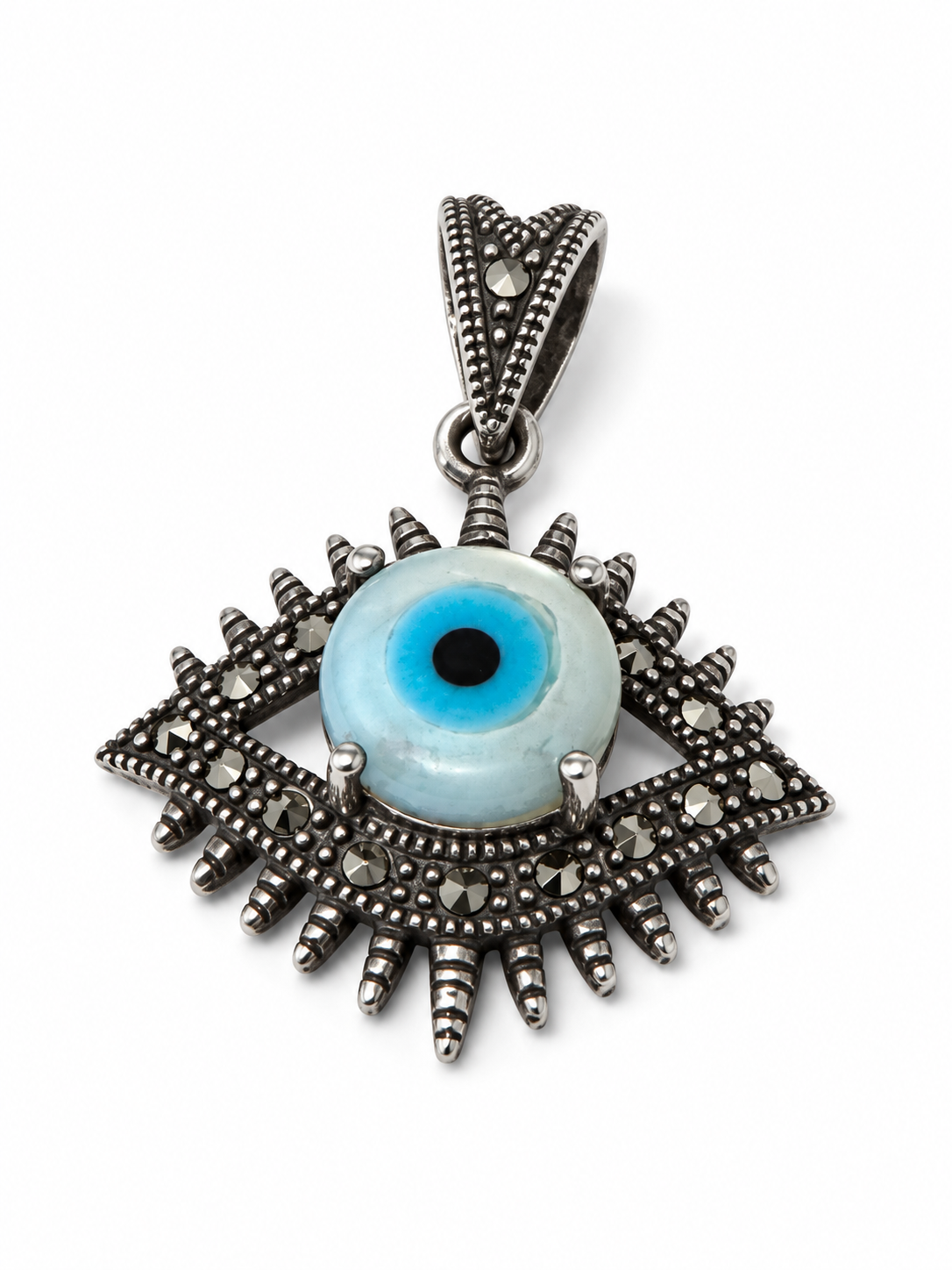 Vintage 925 Sterling Silver Evil Eye Mother of Pearl Marcasite  Pendant