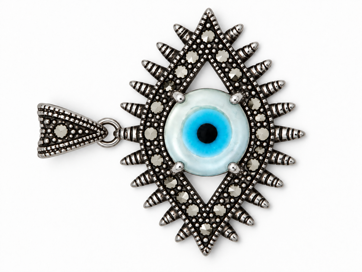 Vintage 925 Sterling Silver Evil Eye Mother of Pearl Marcasite  Pendant