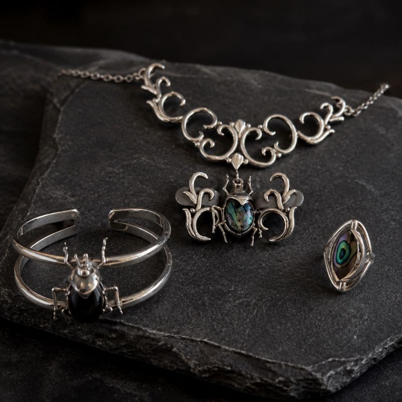 Jewelry Sets - frijja.com - Beetle & Spark Set - 950 Sterling Silver Abalone Shell (Necklace Earrings Bracelet RIng)