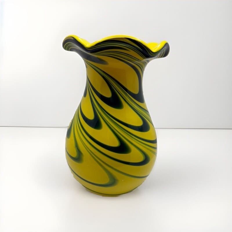 Eastern Retro Hand Blown Glass Vase Yellow W/Blue Green Swirl 8” - Frijja, LLC