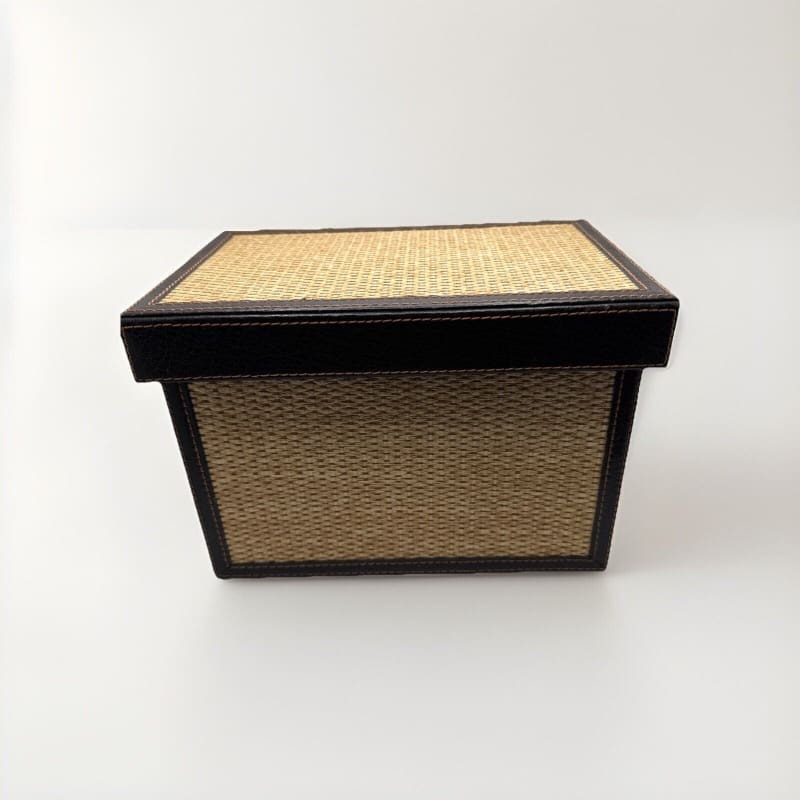LC Woven Grass Box Trimmed with Lid Genuine Brown Leather and Lined in Suede - Frijja, LLC