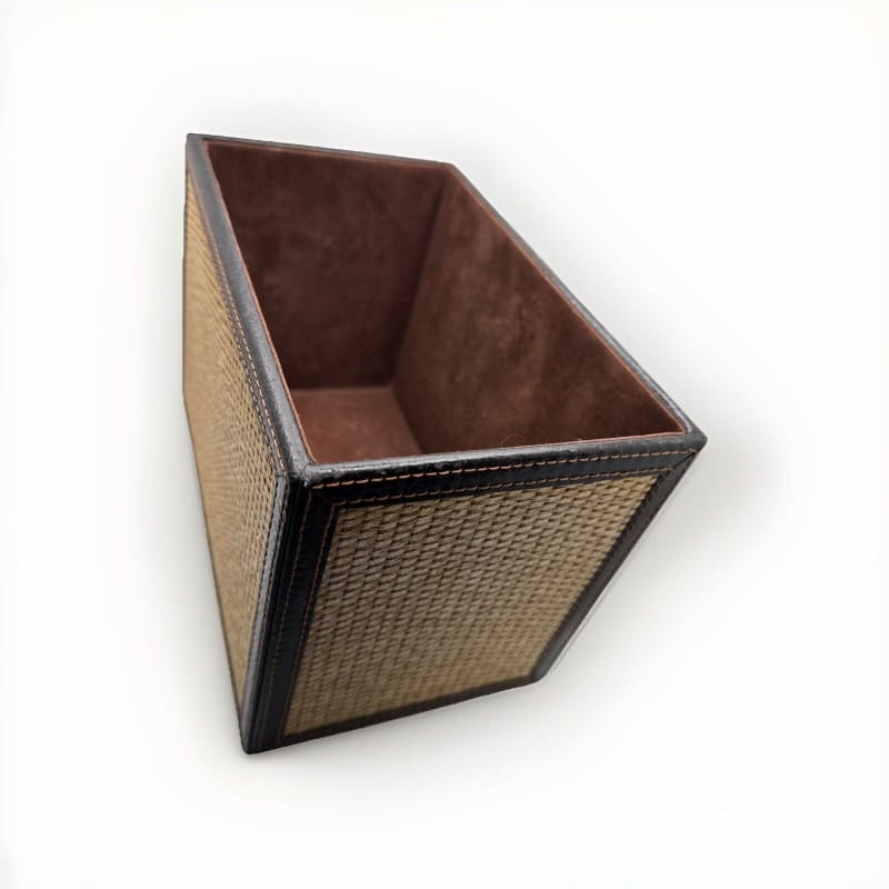 LC Woven Grass Box Trimmed with Lid Genuine Brown Leather and Lined in Suede - Frijja, LLC