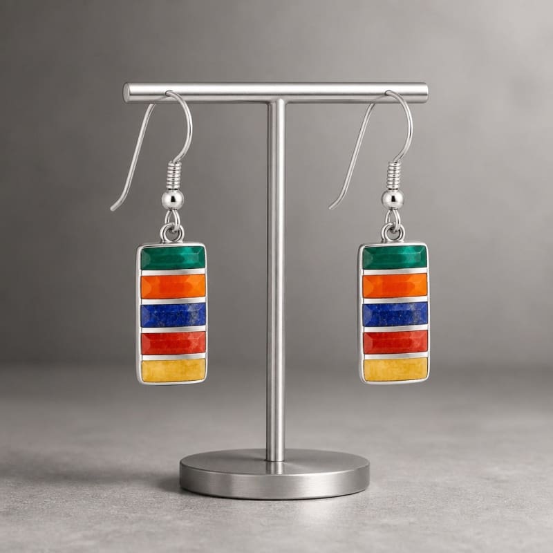 Earrings - frijja.com - Rainbow Gems Earrings - 950 Sterling Silver Chrysocolla Spondylus Lapis Lazuli Mother of Pearl