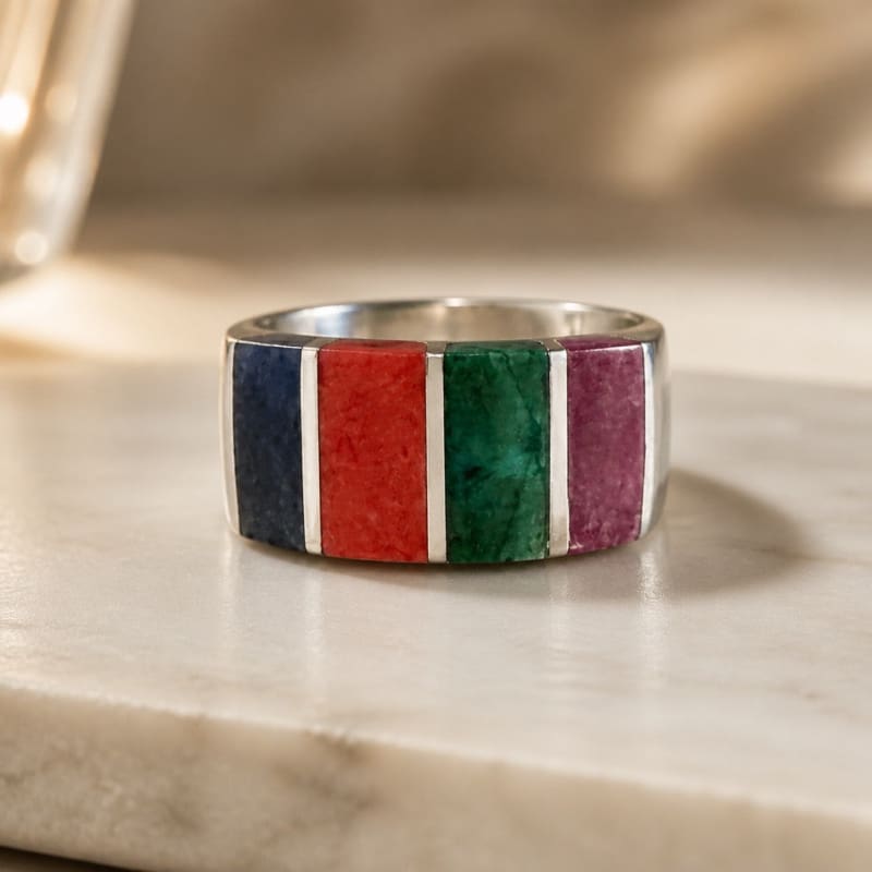 Rings - frijja.com - Rainbow Gems Ring - 950 Sterling Silver Chrysocolla Spondylus Lapis Lazuli Mother of Pearl