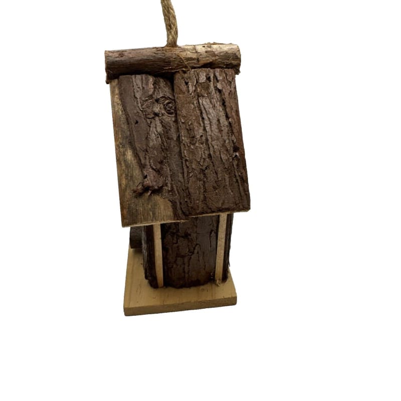 Rustic Farmhouse Cabin Wooden Bird House - Wood Bark Hanging Perch - Frijja, LLC
