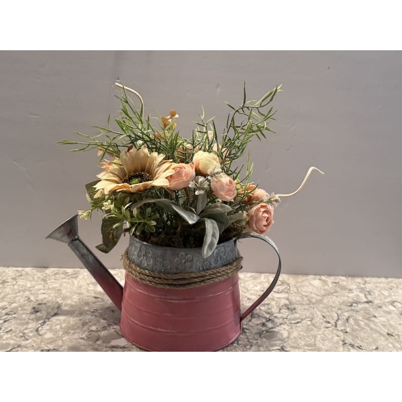 Spring Floral Arrangement in Metal Watering Can - Farmhouse Beach Rustic Decor - Frijja, LLC