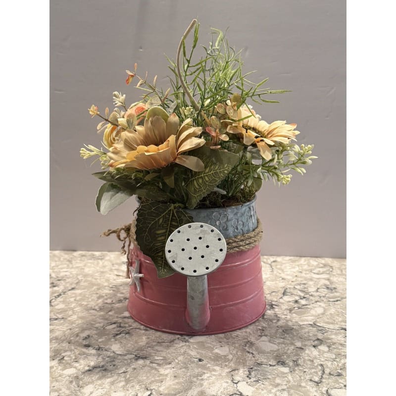 Spring Floral Arrangement in Metal Watering Can - Farmhouse Beach Rustic Decor - Frijja, LLC