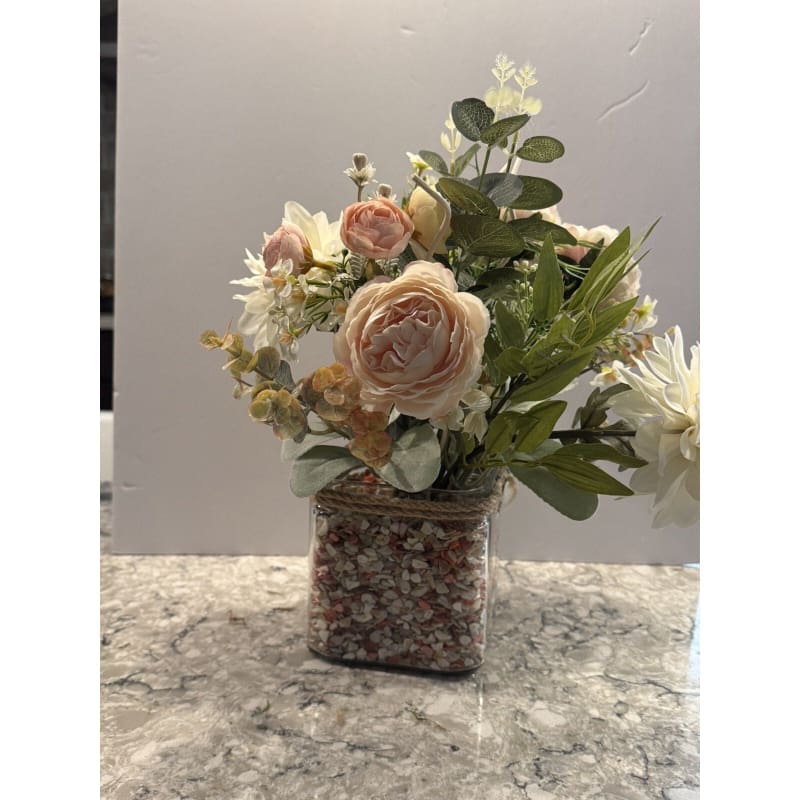Spring Silk Floral Arrangement Clear Glass Vase Shell Chips Beach Decor - Frijja, LLC