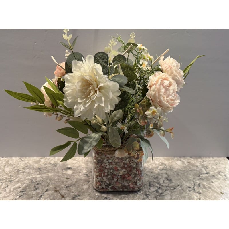 Spring Silk Floral Arrangement Clear Glass Vase Shell Chips Beach Decor - Frijja, LLC