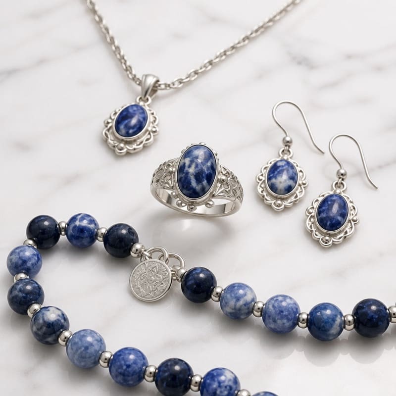 Jewelry Sets - frijja.com - Victorian Elegance Set - 950 Sterling Silver Sodalite Gemstone (Neckalce Earrings Bracelet RIng)