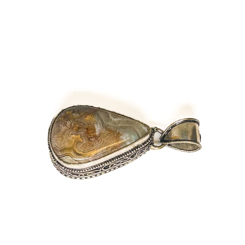 Vintage 925 Sterling Silver Large Teardrop Lace Agate Pendant - Frijja, LLC