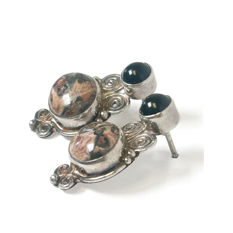 Vintage 925 Sterling Silver Picture Jasper and Onyx Earrings - Frijja, LLC
